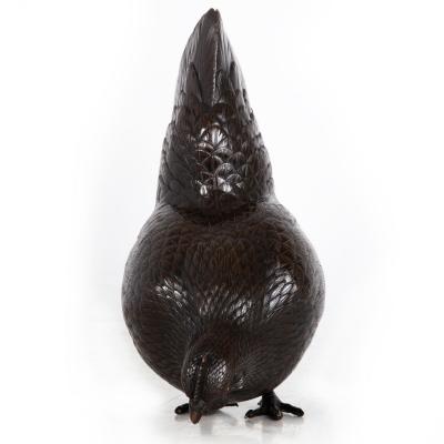 Japanese Meiji Period Pair of Bronze Sculptures Okimono of Rooster Hen