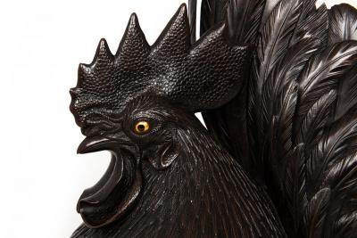 Japanese Meiji Period Pair of Bronze Sculptures Okimono of Rooster Hen