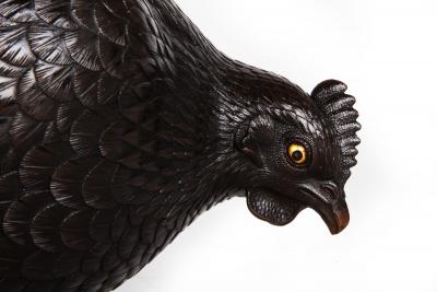 Japanese Meiji Period Pair of Bronze Sculptures Okimono of Rooster Hen