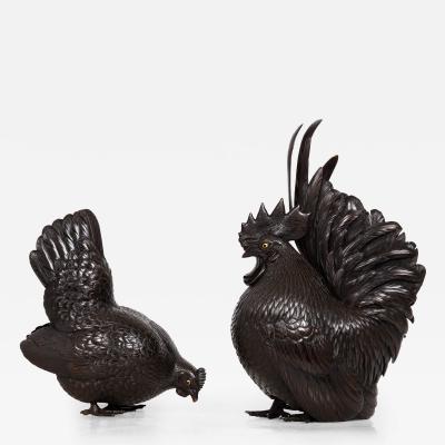 Japanese Meiji Period Pair of Bronze Sculptures Okimono of Rooster Hen