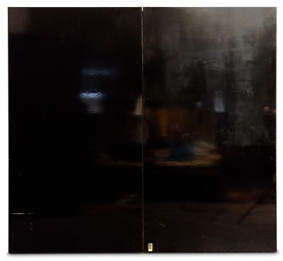 Japanese Mid Century Two Panel Lacquer Screen with Mountain Sunrise c 1950