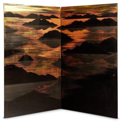 Japanese Mid Century Two Panel Lacquer Screen with Mountain Sunrise c 1950
