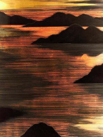 Japanese Mid Century Two Panel Lacquer Screen with Mountain Sunrise c 1950