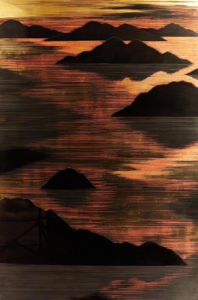 Japanese Mid Century Two Panel Lacquer Screen with Mountain Sunrise c 1950