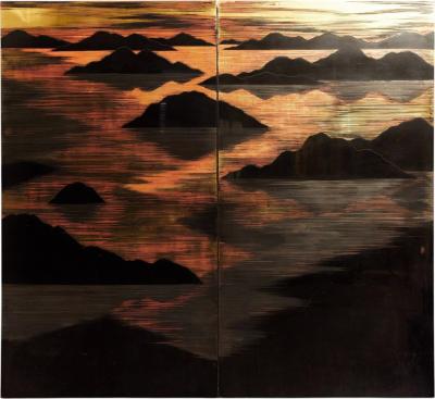 Japanese Mid Century Two Panel Lacquer Screen with Mountain Sunrise c 1950