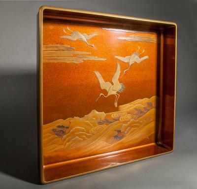 Japanese Nashiji Lacquer Tray With Crane and Wave Design