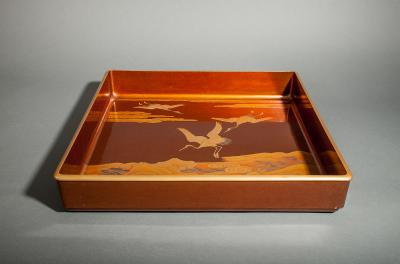 Japanese Nashiji Lacquer Tray With Crane and Wave Design