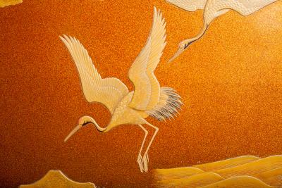 Japanese Nashiji Lacquer Tray With Crane and Wave Design