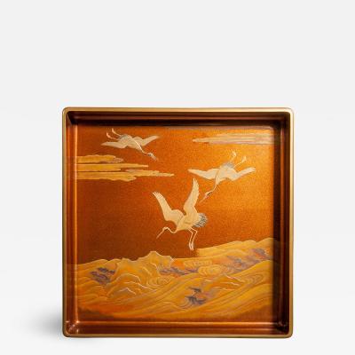 Japanese Nashiji Lacquer Tray With Crane and Wave Design