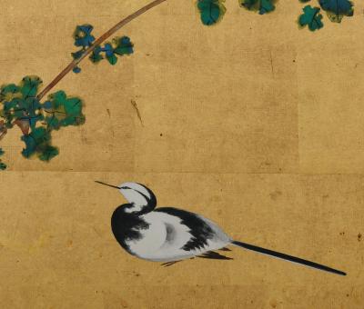 Japanese Screen Early 20th Century Furosaki Screen Wagtail Chrysanthemum