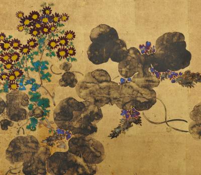 Japanese Screen Early 20th Century Furosaki Screen Wagtail Chrysanthemum