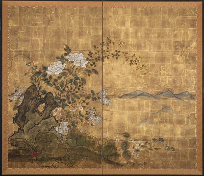 Japanese Screen Floral Garden and Rock on Gold