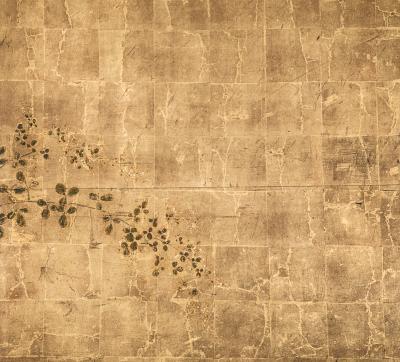 Japanese Screen Floral Garden and Rock on Gold