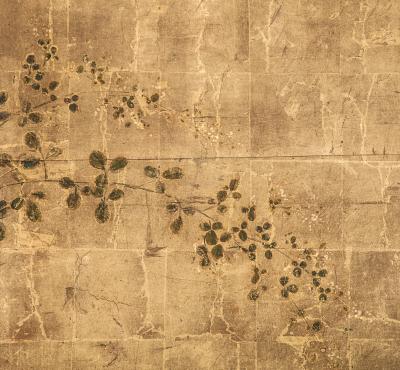 Japanese Screen Floral Garden and Rock on Gold