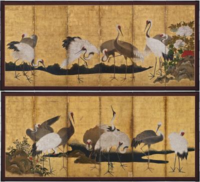 Japanese Screen Pair 17th Century Cranes on Gold Leaf 