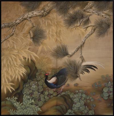 Japanese Screen Taisho era Circa 1920 Pheasant in Deep Forest Color on Silk 