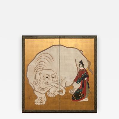 Japanese Screen White Elephant and a Beauty