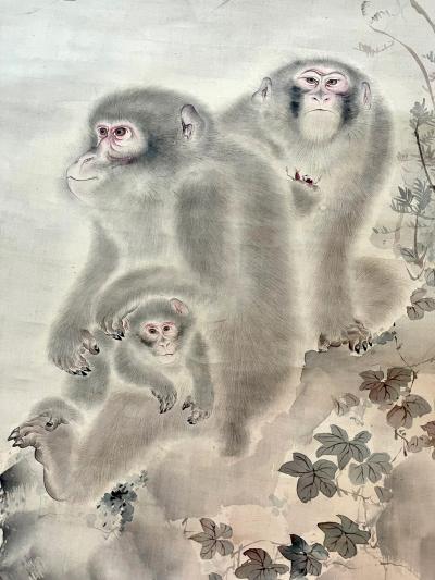 Japanese Silk Scroll Painting of Moneys Edo Period Mori Tetsuzan