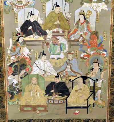 Japanese Silk Suijaku Scroll Nyorai Kojin with Mixed Buddhism and Shinto Deities
