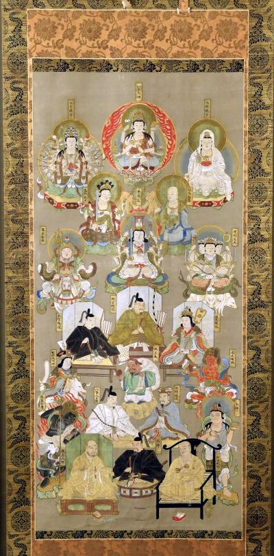 Japanese Silk Suijaku Scroll Nyorai Kojin with Mixed Buddhism and Shinto Deities
