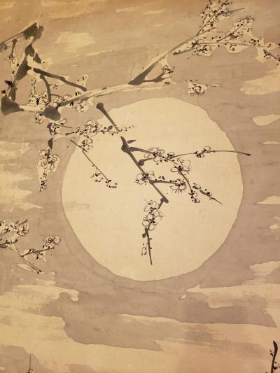 Japanese Single Panel Painting Moon and Plum Design Winter Scene 