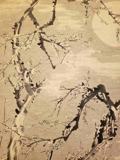 Japanese Single Panel Painting Moon and Plum Design Winter Scene 
