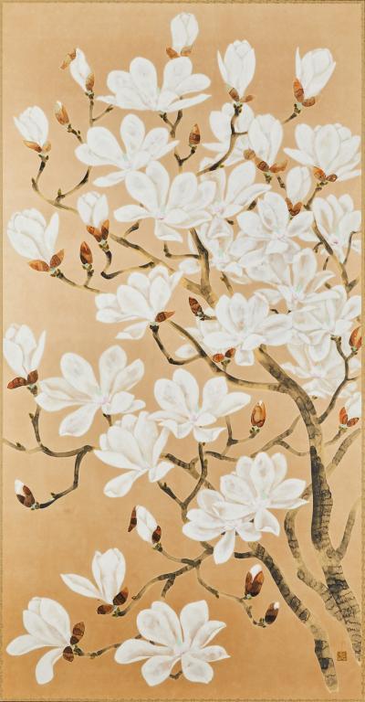 Japanese Single Panel Screen Blooming Magnolia Mokuren 