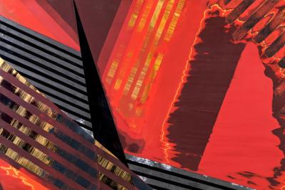 Japanese Single Wood Panel Abstract Lines in Red and Gold Lacquer