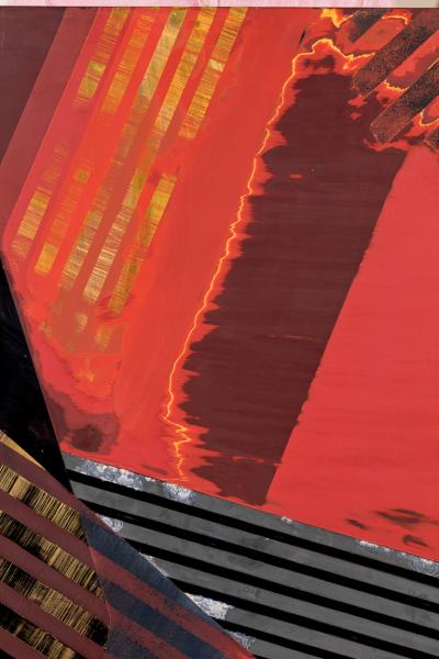 Japanese Single Wood Panel Abstract Lines in Red and Gold Lacquer