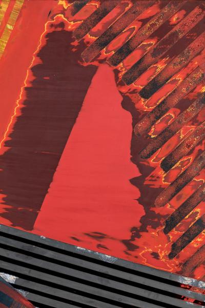 Japanese Single Wood Panel Abstract Lines in Red and Gold Lacquer