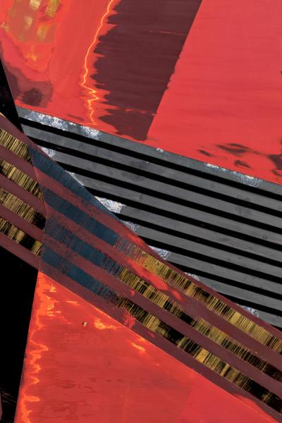 Japanese Single Wood Panel Abstract Lines in Red and Gold Lacquer