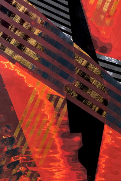 Japanese Single Wood Panel Abstract Lines in Red and Gold Lacquer