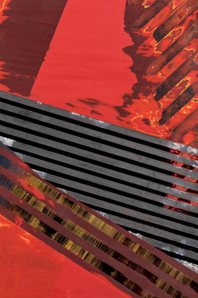 Japanese Single Wood Panel Abstract Lines in Red and Gold Lacquer