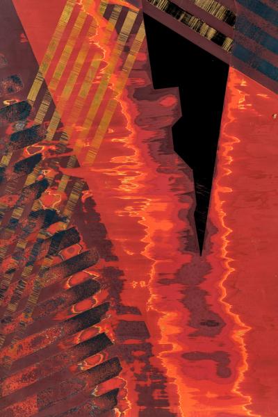 Japanese Single Wood Panel Abstract Lines in Red and Gold Lacquer