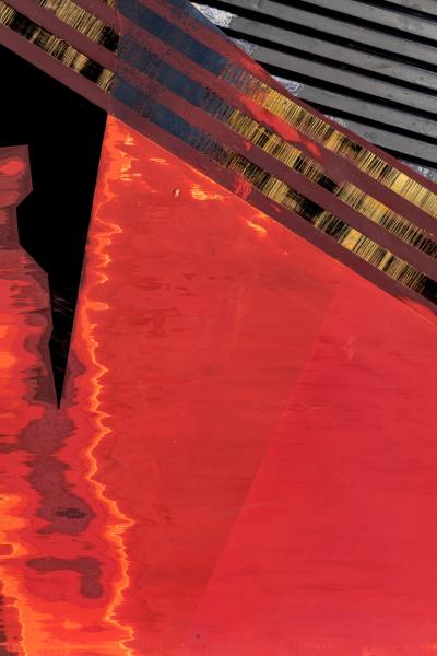 Japanese Single Wood Panel Abstract Lines in Red and Gold Lacquer