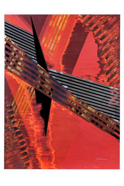 Japanese Single Wood Panel Abstract Lines in Red and Gold Lacquer