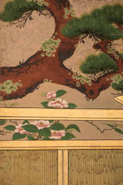 Japanese Six Panel Screen Amorous Pheasants in Venerable Garden Pine