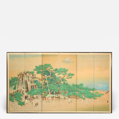 Japanese Six Panel Screen Ancient Pines On the Shore Under Silver Moon