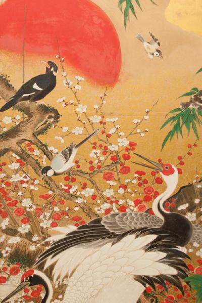 Japanese Six Panel Screen Animals and Flowers in a Landscape with Rising Sun