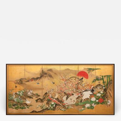 Japanese Six Panel Screen Animals and Flowers in a Landscape with Rising Sun