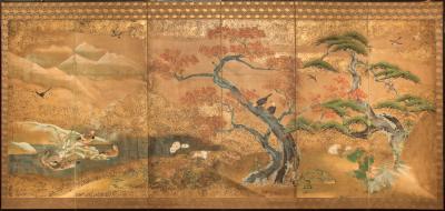 Japanese Six Panel Screen Audobon Landscape with Maple and Pine