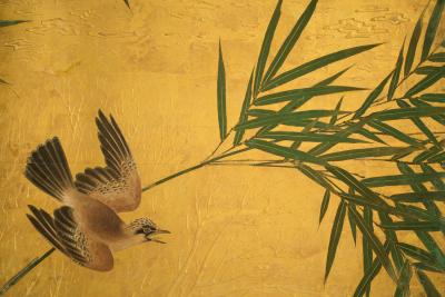 Japanese Six Panel Screen Bamboo Grove with Bird and Meandering Stream