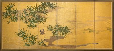 Japanese Six Panel Screen Bamboo Grove with Bird and Meandering Stream