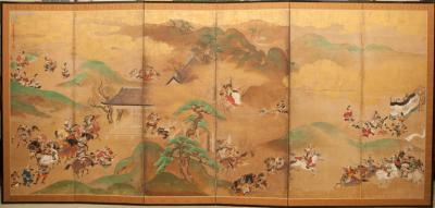 Japanese Six Panel Screen Battle Scene in Hilly Landscape from the Tales