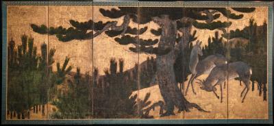 Japanese Six Panel Screen Buck and Doe in Pine Forest