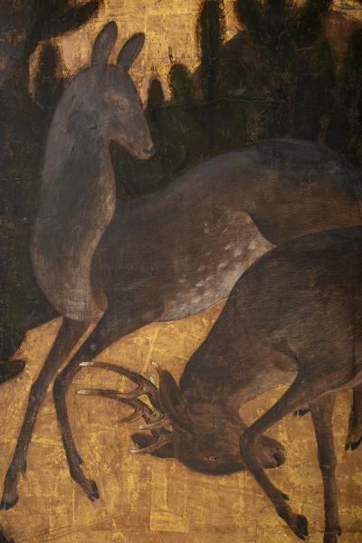 Japanese Six Panel Screen Buck and Doe in Pine Forest