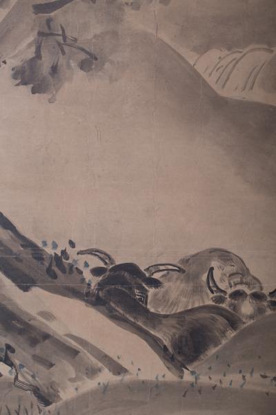 Japanese Six Panel Screen Bulls in a Gentle Landscape