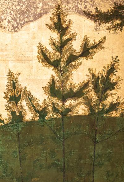 Japanese Six Panel Screen Cedar Landscape on Gold with Luminous Moon