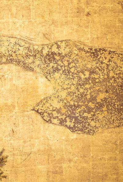 Japanese Six Panel Screen Cedar Landscape on Gold with Luminous Moon