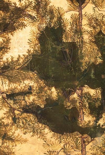 Japanese Six Panel Screen Cedar Landscape on Gold with Luminous Moon